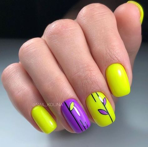 65 Elegant Summer Nails to Summer-ify your French mani - Hike n Dip Neon Nail Art Short Nails, Neon Yellow And Purple Nails, Neon Yellow Nails Short, Neon Nails Designs Short, Coffin Summer Nails 2023, Purple Neon Nails, Yellow Neon Nails, Purple And Yellow Nails, Nails Long Summer