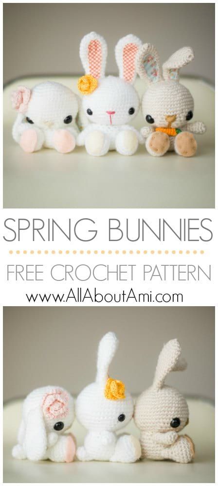 Pattern: Spring Bunnies - All About Ami Bunny Amigurumi Free Pattern, Crocheted Stuffed Animals, Bunny Patterns, Crocheted Bunny, Spring Bunnies, Crochet Spring, Bunny Amigurumi, Crocheted Toys, Crochet Easter