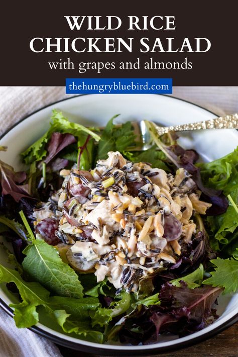 Wild rice and chicken salad with crunchy almonds, water chestnuts and grapes in a light, creamy lemony dressing, perfect for lunch or a light dinner. #thehungrybluebird #wildricechickensalad #withgrapes #withalmonds #chickenandwildricesalad #wildricesalad #wildricerecipes Chicken And Grapes, Rice Chicken Salad, Wild Rice And Chicken, Lemony Dressing, Salad With Grapes, Wild Rice Recipes, Chicken Salad With Grapes, Rice And Chicken, Wild Rice Casserole