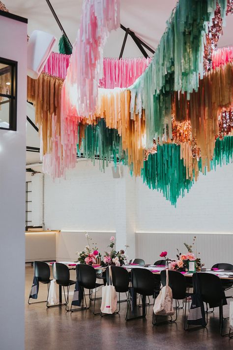 Wedding Installations Backdrops, Colorful Event Decor, Hanging Streamers, Wedding Streamers, Backyard Engagement, Diy Streamers, Photowall Ideas, Hanging Installation, Flower Workshop