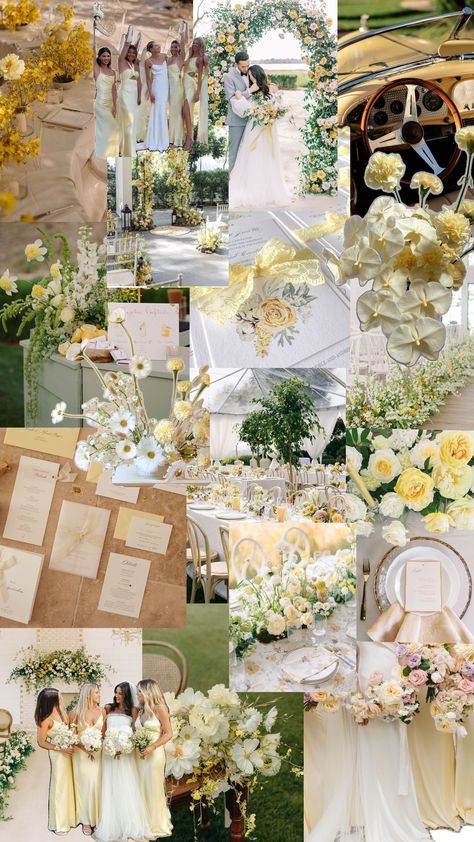 Butter yellow is the new beige for 2024 brides! Beige Wedding Theme, Light Yellow Weddings, Pale Yellow Weddings, Lilac Wedding Themes, Yellow Wedding Decorations, Yellow Wedding Theme, Backyard Wedding Ceremony, Citrus Wedding, Yellow Wedding Flowers