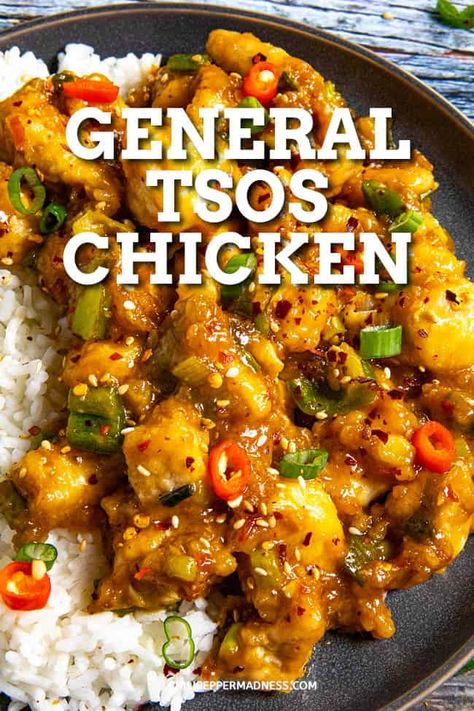 General Tsos Chicken Recipe - This General Tso's Chicken recipe is crispy bites of chicken stir fried in a sauce that's both sweet and spicy. So easy to make and better than takeout! Hot And Spicy Chicken Stir Fry, Peking Chicken Recipe, General Tso Chicken Stir Fry, General Tsos Chicken, General Tao Chicken, General Tso's Chicken Recipe, General Tso's Chicken, Tso Chicken, Asian Dinners