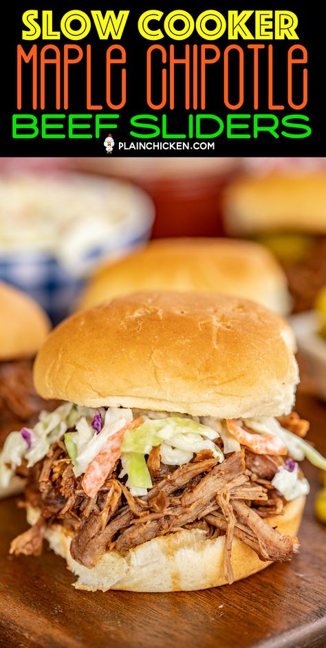 Slow Cooker Maple Chipotle Beef Sliders - seriously delicious!! Chuck Roast slow cooked in a combination of pineapple juice, maple syrup, tomato paste, and chipotle peppers. Sweet and smoky in every bite! Serve on slider buns or on top of nachos or a baked potato. Can freeze for a quick meal later! Great for potlucks, parties and tailgating! #crockpot #slowcooker #freezermeal #beef #potroast #sliders Sliders Recipes Beef, Chipotle Beef, Pot Roast Sandwiches, Roast Beef Sliders, Slow Cooker Pork Tenderloin, Future Chef, Chipotle Peppers, Beef Sliders, Slow Cooker Roast