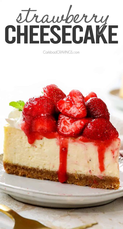 Strawberry Cheesecake Cheesecakes Recipes, Cheesecake Strawberry, Strawberry Cheesecake Recipe, Carlsbad Cravings, Berry Cheesecake, Strawberry Topping, Decorating Videos, Scrumptious Desserts, Fun Easy Recipes