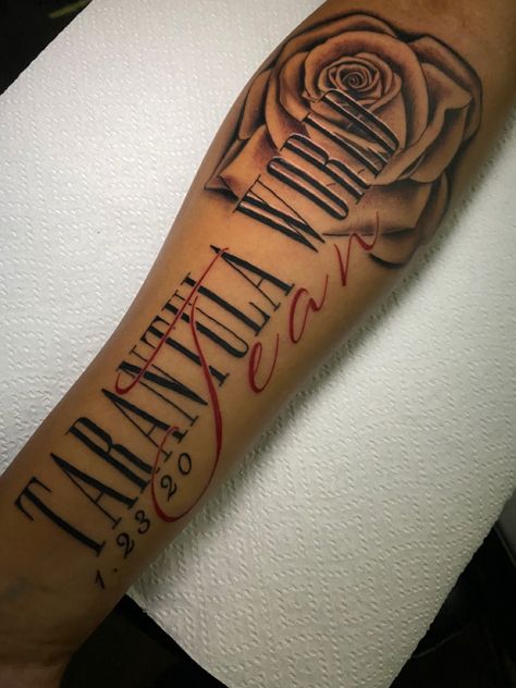 Memorial tattoo Name Tattoos Sleeve, Tattoos That Represent Mom, Forearm Name Tattoos, Memorial Tattoo Ideas, Cute Thigh Tattoos, Name Tattoos For Men, 16 Tattoo, Small Chest Tattoos, Small Shoulder Tattoos