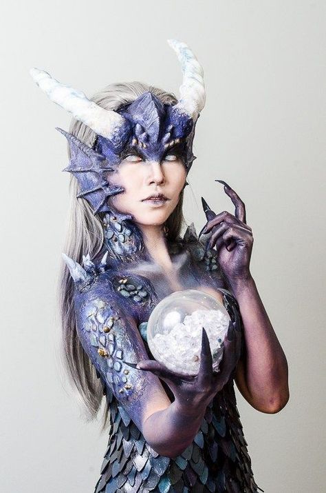 Dragon Makeup, body paint, scale adhesives, horns, claws Dragon Makeup, Fantasy Make-up, Makeup Recipes, Prosthetic Makeup, Goddess Of The Sea, Special Fx Makeup, Dragon Costume, Special Effects Makeup, Fx Makeup