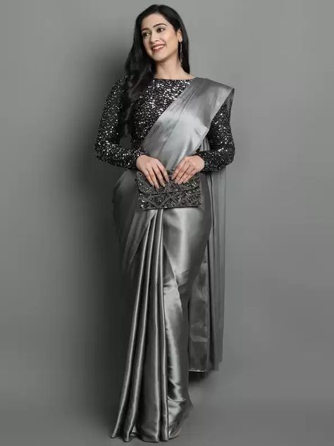 Villagius Saree- Buy Products Online at Best Price in India - All Categories | Flipkart.com Solid Saree, Sequence Blouse, Grey Saree, Wedding Lehenga Designs, Satin Saree, Saree Trends, Trendy Sarees, Stylish Sarees, Work Sarees