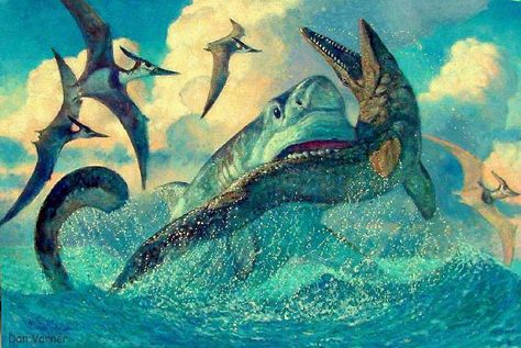 Mosasaurus (prey here); Late Cretaceous (70 - 66 Ma); Squamata; Discovered by Conybeare, 1822 ::: Pteranodons in background ::: shark? Marine Reptiles, Dino Park, Prehistoric Wildlife, Ralph Mcquarrie, Paleo Life, Prehistoric World, Ancient Animals, Frank Frazetta, Paleo Art