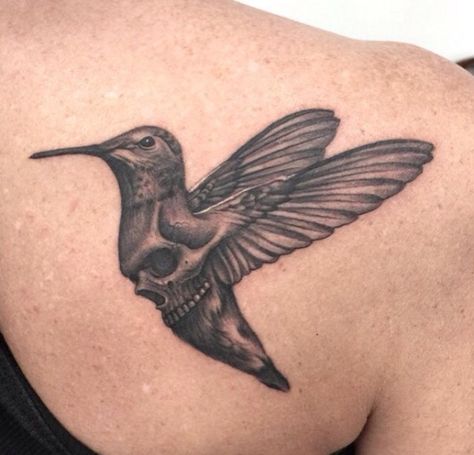 This is a badass take on a humming bird Humming Bird Skeleton Tattoo, Skull Hummingbird Tattoo, Goth Hummingbird Tattoo, Dark Hummingbird Tattoo, Gothic Hummingbird Tattoo, Hummingbird Skeleton Tattoo, Hummingbird Neck Tattoo, Humming Birds Tattoo, Hummingbird Skull Tattoo