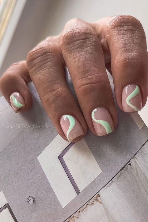 50. Mint Swirl Short Nail Art Design Not only your clothes that will make your look pop. Make your manicure pop this summer with... Short Nails With Swirl Design, Natural Nail Swirl Design, Mint Nails Design Short, Swirl Nail Art Short Nails, Squiggle Nails Short, Wavy Nail Art Short Nails, Short Nails Swirl Design, Mint Short Nails, Minimalist Short Nail Art