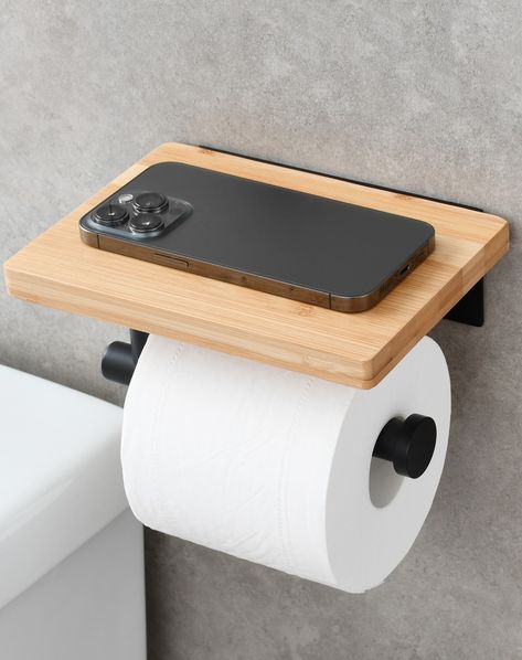 Tecmolog Rustproof Matte Black Wall Mount Toilet Paper Holder with Wood Shelf - Self Adhesive for Bathroom #Paperholder #Toilet #Bathroom https://www.sanitarya.com/products/sbh263b Phone Shelf, Matte Black Wall, Wall Mount Toilet, Bamboo Shelf, Toilet Bathroom, Wall Mounted Toilet, Wood Shelf, Black Wall, Black Walls