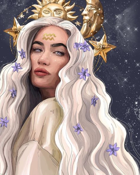 H E L E N A . E L I A S on Instagram: “Probably the most requested in comments was an artwork for my Aquarius honeys?! This one’s for you! ♒️ ✨🌙” Aquarius Aesthetic, Aquarius Art, Astro Tarot, Aquarius Season, Astrology Art, Age Of Aquarius, Goddess Art, Zodiac Art, Mystical Art