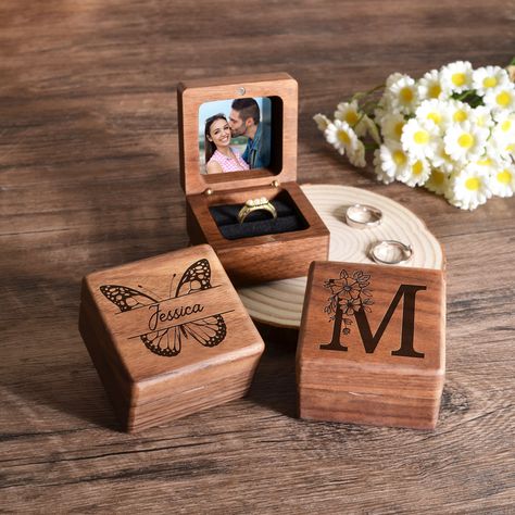 Custom Wedding Ring Box, Wood Ring Box With Photos, Engagement Ring Box, Ring Bearer Ring Box, Ring Box Holder, Proposal Ring Box by MTLOVEdesign on Etsy Wedding Ring Box Wood, Ring Box Wood, Wood Ring Box Wedding, Custom Wedding Ring, Proposal Ring Box, Wood Ring Box, Ring Bearer Box, Box Ring, Box Wood