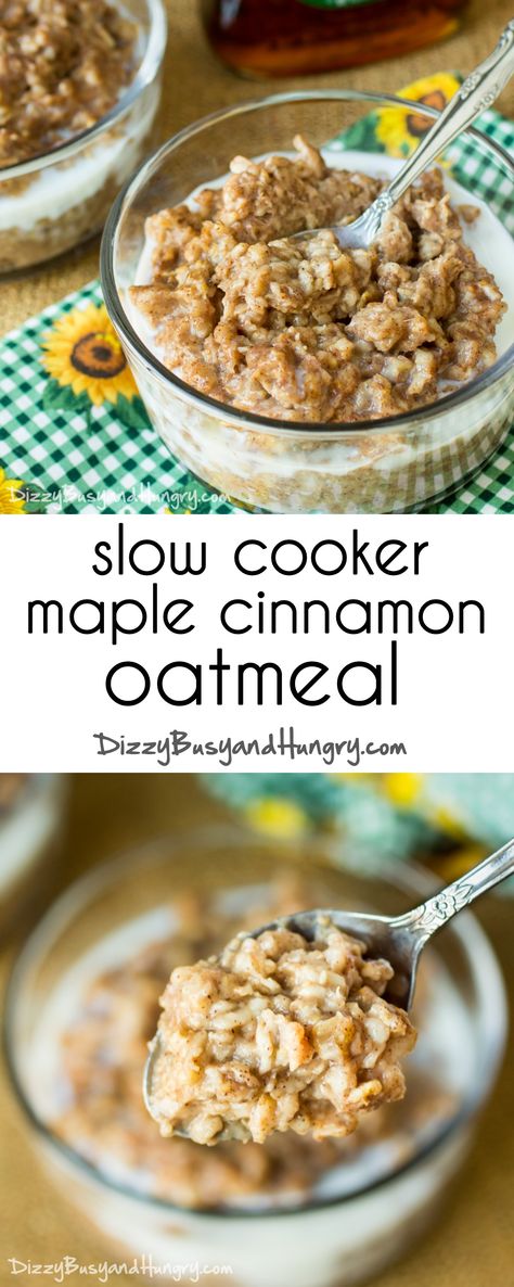 Slow Cooker Cinnamon Maple Oatmeal | DizzyBusyandHungry.com - Make this oatmeal ahead of time and store in single-serve containers for a quick, hearty breakfast! Crockpot Oatmeal, Slow Cooker Oatmeal, Maple Oatmeal, Fall Recipes Breakfast, Breakfast Oatmeal Recipes, Cinnamon Oatmeal, Crockpot Breakfast, Slow Cooking, Oatmeal Recipes