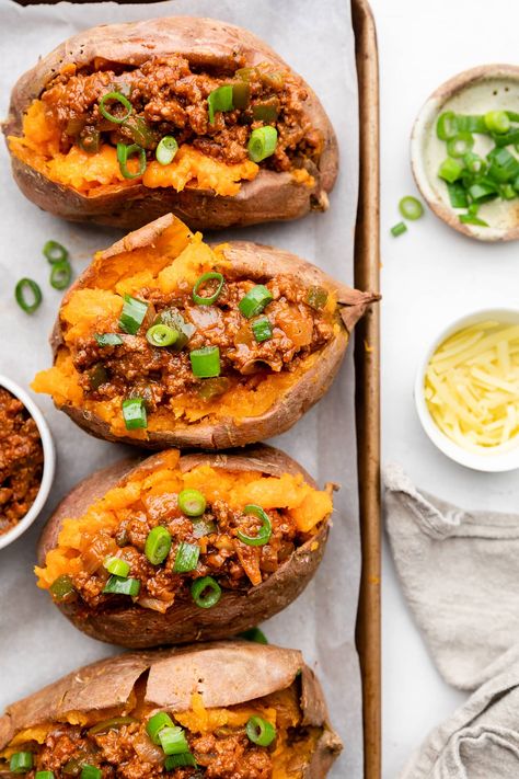 Sweet Potato Sloppy Joes Sweet Potato Sloppy Joe, Sloppy Joe Stuffed Sweet Potato, Sloppy Jane Recipe, Easy Nutritious Meals, Loaded Baked Sweet Potato, Lentil Sloppy Joes, Turkey Sloppy Joes, Sweet Potato Dinner, Sloppy Joe Recipe Easy