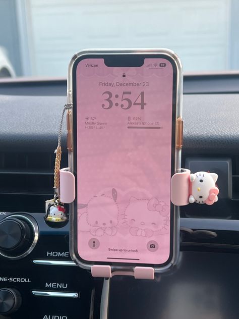 Hello Kitty Aesthetic Car, Pink Hello Kitty Car Interior, Car Pink Accessories, Korean Car Aesthetic, Pastel Car Decor, Hello Kitty Car Decorations, Sanrio Car Aesthetic, Aesthetic Car Decoration, Pink Car Decor Aesthetic