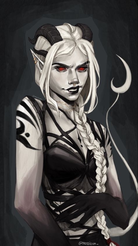 Pale Tiefling, White Tiefling Female, Evil Female Character Design, Albino Tiefling, Red Tiefling Female, White Tiefling, Winged Tiefling, Tiefling Druid, Barbarian Dnd