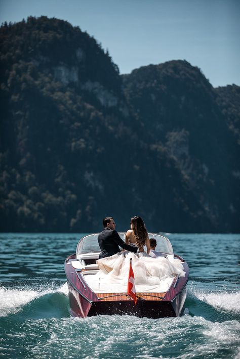 Wedding Boat Pictures, Yacht Proposal, Couple On A Boat, Couple Boat, Lake Lucerne Switzerland, Cap Doi, Boat Photoshoot, Bridal Shower Bachelorette Party Ideas, Switzerland Destinations