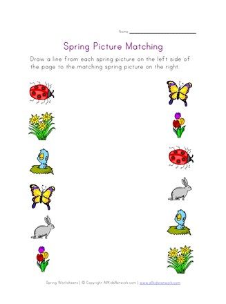 spring picture matching worksheet Things to do with your kids while on spring break or in social isolation.  #animal #kindergarten #preschool #freeschoolresources #freepreschool worksheets #worksheets Picture Matching Worksheet, Animal Kindergarten, Worksheet Counting, Weather Preschool, Spring Worksheets, Seasons Lessons, Seasons Worksheets, Spring Picture, Spring Worksheet