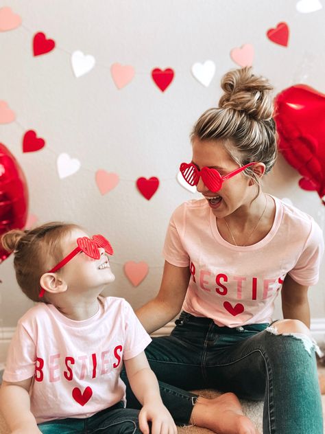 Valentine’s Day mommy + me photoshoot. Matching shirts. Family matching shirts. Mommy and me outfits. Daughter. Mother. Toddler outfit inspiration. Valentine’s Day decorations. Galentine’s day party. Red heart decor. Mother Daughter Shirts, Mommy And Me Shirt, Letters For Kids, Daughters Shirt, Valentine Photo, Foto Poses, Mommy And Me Outfits, Matching Tees, Valentine's Day Outfit