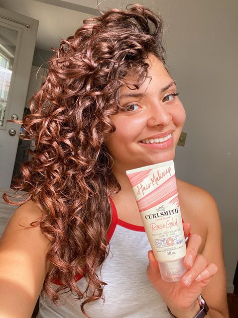 Curlsmith Rose Gold Hair Makeup! Rose Gold Curly Hair, Curlsmith Hair Makeup, Gold Curly Hair, Safe Hair Dye, Uk Hairstyles, Dyed Curly Hair, Pink Dye, Bridal Makeup Wedding, Colored Curly Hair