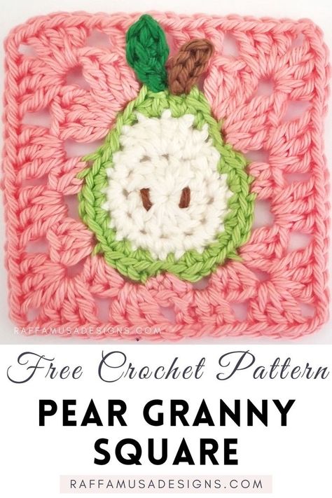 a crochet granny square made in cotton yarn and with a little pear in the center Crochet Granny Square Inspiration, Mixed Granny Square Blanket, Free Crochet Patterns Granny Squares, Unique Granny Squares Crochet Free, Round Granny Square Pattern Free, Alien Granny Square, Fun Granny Squares Free Pattern, 3d Granny Square Pattern, Fruit Granny Square