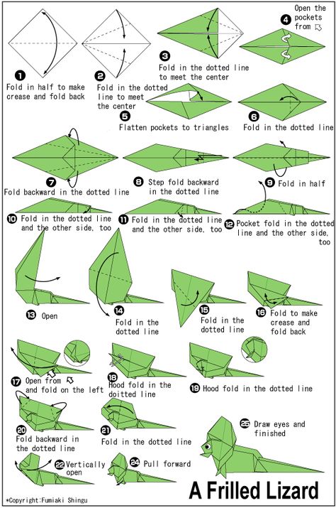 Origami Frilled Lizard Origami Lizard, Origami Guide, Origami Car, Origami Yoda, Origami Tutorials, Origami Paper Folding, Origami Diagrams, Origami Artist, Origami For Beginners