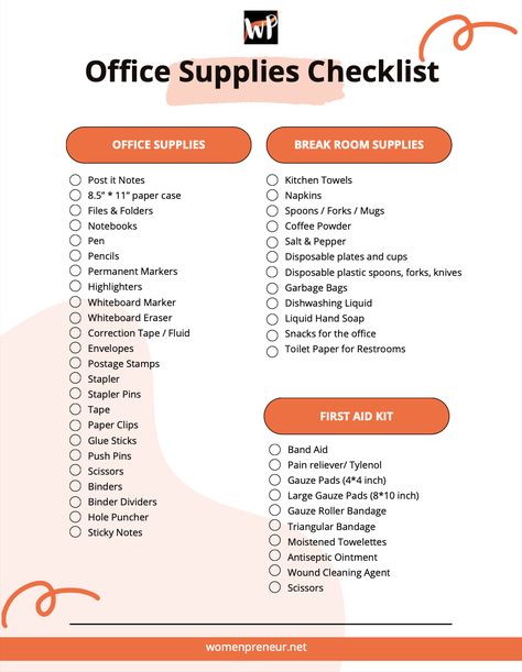 The most comprehensive office supplies checklist which has all essential items you need for your small business office supplies. Download for free! 🙃 New Office Supply Checklist, Checklist For Small Business, Basic Office Supplies List, Office Stationary List, Office Needs List, Work Office Supplies List, Stationery Small Business Ideas, Office Essentials Checklist, Law Office Organization