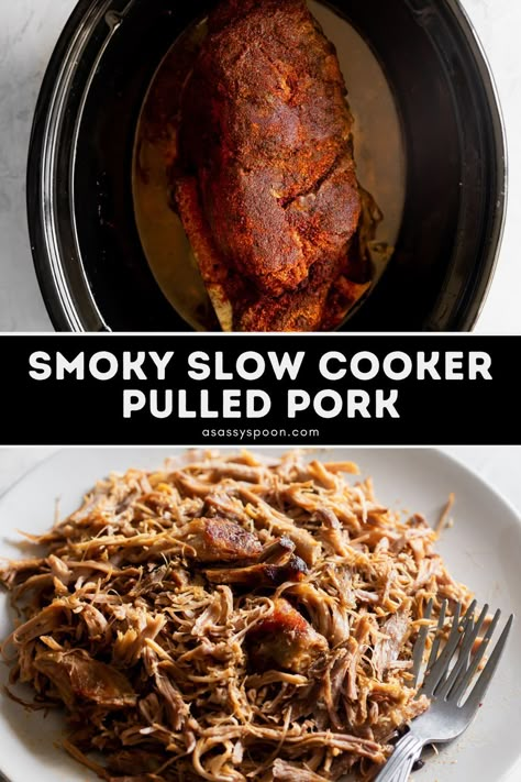 Slow cooker pulled pork made with bone-in pork butt, smoky spices, and dark beer. The pork butt is slow-cooked to tender, fall-off-the-bone, juicy perfection. Practically cooks itself! Bone In Pulled Pork Crock Pot, Boston Button Recipes Slow Cooker, Porkbutt Crockpot Recipes, Bone In Pork Butts In The Crock Pot, Pork Butts In The Crock Pot, Pulled Pork Crock, Slow Cooker Pulled Pork Recipe, Pull Pork, Pulled Pork Recipe Slow Cooker