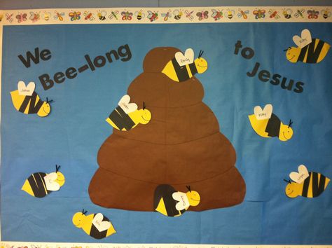 We Bee long to Jesus bulletin board by the wonderful Mrs. Amanda Bee Bulletin Boards, Catholic Bulletin Boards, Religious Bulletin Boards, Easter Bulletin Boards, Catholic Schools Week, Christian Bulletin Boards, Sunday School Decorations, Summer Bulletin Boards, Sunday School Rooms