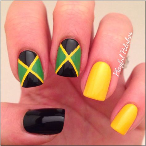 Playful Polishes: 31 DAY NAIL ART CHALLENGE: INSPIRED BY A FLAG Jamaica Inspired Nails, Jamaica Nail Designs, Jamaica Nails, Rasta Nails, Chevron Nail Art, Nail Art Challenge, Flag Nails, Purple Glitter Nails, Nail Art For Kids