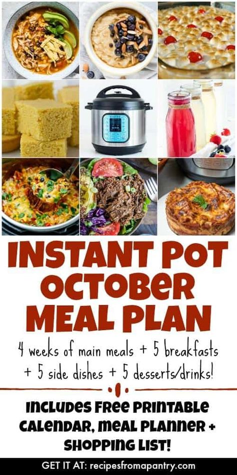 Are you looking for the BEST Instant Pot Meal Plan?? You've found it! This meal plan includes 4 weeks of Instant Pot main meals plus an assortment Instant Pot side dishes, Instant Pot desserts and Instant Pot drinks for convenience. All Instant Pot recipes are labeled with dietary trends (e.g., vegan, gluten-free, low carb). You will love all of these easy Instant Pot recipes! #instantpot #instantpotrecipes #instantpotmeal #mealplan #instantpotmealplan via @recipespantry Side Dishes Instant Pot, Instant Pot Meal Plan, Instant Pot Side Dishes, Instant Pot Desserts, Tarte Vegan, Dish Ideas, Best Instant Pot Recipe, Instant Pot Dinner Recipes, Easy Instant Pot Recipes