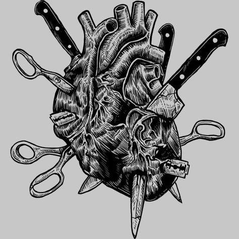 Creepy Heart Drawing, Heart With Knife, Human Heart Tattoo, Human Heart Art, Alas Tattoo, Anatomical Heart Art, Anatomy Tattoo, Horror Collection, Hurt Heart