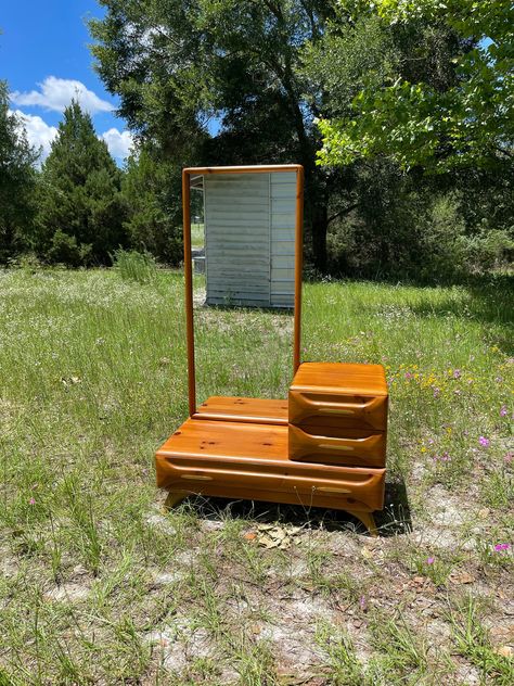 "Franklin Shockey sculptured pine dresser / vanity with dressing mirror. Well made designer furniture. This is highly sought after mid Century furniture. Great quality! It does have a few scratches and dings/ chips from age. All in all.... A wonderful find! You can use it with or without the mirror. It will even make a cool entry bench with a cushion on and no mirror. Great rustic farmhouse decor. Drawers all work smoothly. Size: 42\" wide x 14\" tall on low end, 18\" deep tall end is 27\" tall Tall Narrow Dresser Small Spaces, Floor Vanity Ideas, Two Tone Wood Furniture, Bedroom Decor Mid Century, Wood Furniture Bedroom, Vintage Wood Dresser, Wood Furniture Bedroom Decor, Midcentury Modern Furniture, 1970s Furniture