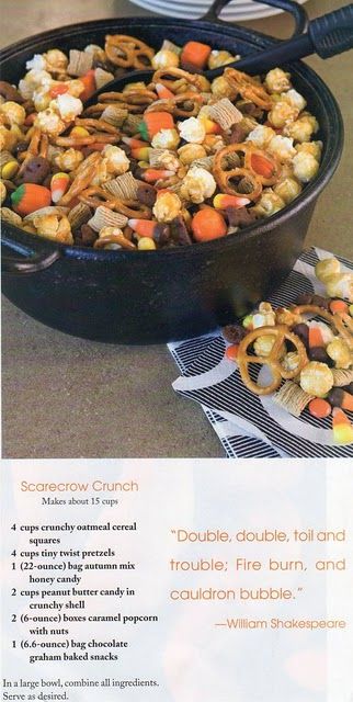 Scarecrow Snack Mix (good for parties or classroom!) Scarecrow Crunch, Bbq Dessert, Crunch Recipe, Halloween Recipe, Masks Diy, Crafts Halloween, Wallpaper Halloween, Aesthetic Halloween, Chex Mix