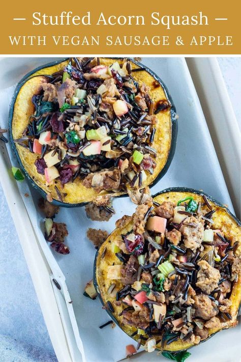 This stuffed acorn squash recipe is a hit with vegans and omnivores alike, and it makes an especially great transition meal if this is your first veggie Thanksgiving. Stuffed with wild rice, vegan sausages, apples, and other delicious ingredients, this will be the star of your holiday meal. Acorn Squash Sausage, Apple Stuffed Acorn Squash, Stuffed Acorn Squash, Acorn Squash Recipes, Vegan Thanksgiving Recipes, Squash Recipe, Vegan Sausage, Vegan Thanksgiving, Acorn Squash