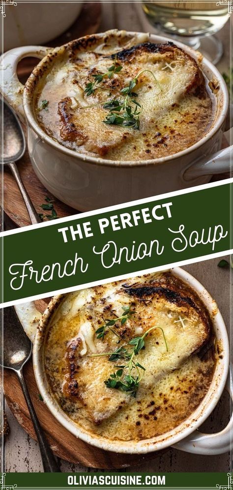 Best French Onion Soup, or Soupe à l’Oignon Gratinée, is a French classic that is guaranteed to impress! A rich and hearty soup, made with onions that are caramelized to perfection, topped with crusty bread and two types of cheese and then gratinéed until ooey-gooey, browned and completely decadent. Perfect for a romantic dinner for two or for an elegant dinner party! Best French Onion Soup, Classic French Onion Soup, Onion Soup Recipe, French Soup, Homemade Soups, French Onion Soup Recipe, Onion Soup Recipes, Meatless Recipes, Meatless Mondays