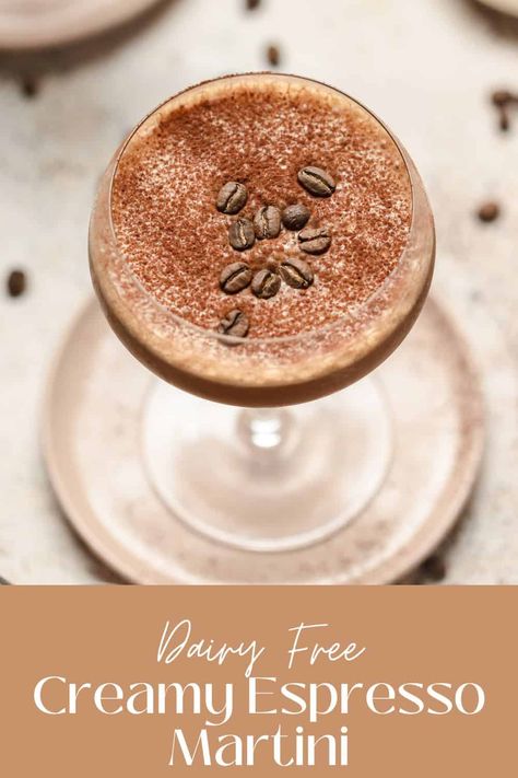 This creamy espresso martini is dairy free and made without Baileys. It is made with vodka, coffee liqueur, espresso, and a splash of oat milk to make it a little sweeter and rich. It's the perfect coffee cocktail to enjoy after dinner or at a holiday celebration. Dairy Free Baileys Recipe, Vegan Espresso Martini, Dairy Free Espresso Martini, Creamy Espresso Martini, Classy Drinks, Dairy Free Deserts, Dairy Free Thanksgiving, Vegan Cocktails, Almond Milk Coffee