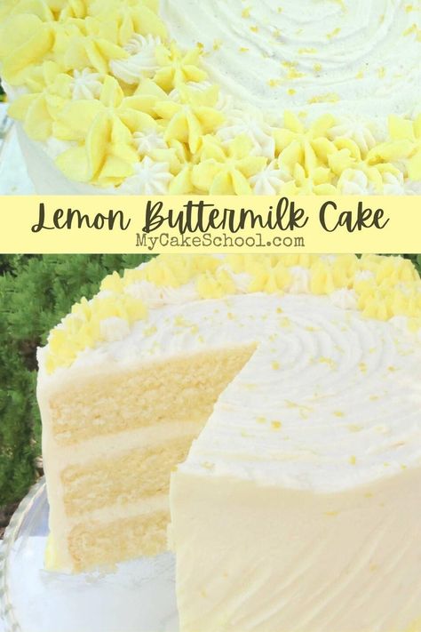 This Lemon Buttermilk Cake is so moist, tender, and has a wonderfully light lemon flavor! Buttermilk Lemon Cake, Asthetic Cakes, Lemon Buttermilk Cake Recipe, Lemon Mascarpone, Lemon Cakes, Lemon Layer Cakes, 10 Cake, Mascarpone Frosting, Buttermilk Cake