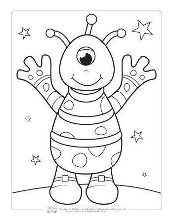 An alien coloring page for kids. Alien Colouring Pages, Cute Alien Coloring Pages, Monster Coloring Pages For Kids, Space Colouring, Alien Coloring Pages, Space Coloring Sheet, Fun Coloring Pages For Kids, Space Crafts For Kids, Space Coloring Pages