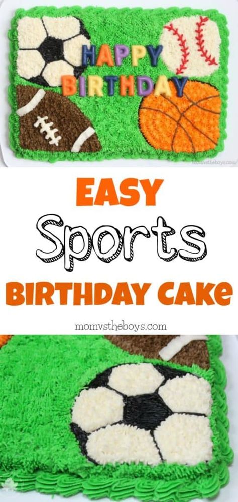 Easy Sports Cake for a Kids Birthday Party #sports #birthday #sportsbirthday #birthdaycake #kidsbirthdaycake #boysbirthdaycake #birthdaycakeforboys #sportscakeforboys #easysportscake Sports Birthday Party Cake, Sports Bday Cake, Sports Birthday Cakes For Boys, Sports Theme Birthday Cake, Sports Cakes For Boys Birthdays, Sports Cake Ideas, Sports Birthday Cake, Birthday Parties For Boys, Sports Birthday Cakes