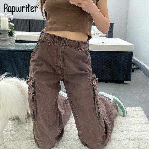 Cargo Jeans Women, Cargo Pants Baggy, Brown Cargo Pants, Casual Cargo Pants, Jeans Brown, Brown Jeans, Harajuku Streetwear, Jeans Y2k, High Waist Fashion