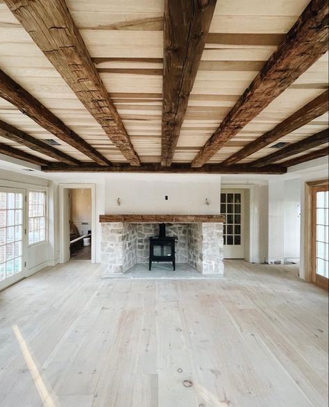 Major Home Additions, Living Room Beams, Stable House, Amanda Watters, Barn Conversion, Studio Mcgee, Wood Beams, Fireplace Design, Wood Burning Stove