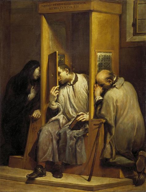 Giuseppe Maria Crespi (Lo Spagnuolo), Saint John of Nepomuk Confessing the Queen of Bohemia, 1743 The Confession, Traditional Catholicism, Religious Pictures, Catholic Images, Sacred Architecture, Catholic Art, Catholic Faith, Religious Art, Sacramento