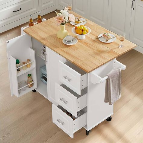 Amazon.com: Lyromix 54" Large Kitchen Island Cart with Folding Drop Leaf, Rolling Kitchen Cart on Wheels with Storage, Wood Island Table for Kitchen with 3 Drawers and Spice Rack & Towel Rack, White : Home & Kitchen Small Moveable Kitchen Island With Seating, Kitchen Moving Island, Kitchen Island Ideas Moveable, Kitchen Island Cart Ideas, Moveable Island Kitchen, Mobile Island Kitchen, Rolling Kitchen Island Ideas, Portable Island For Kitchen, Floating Island Kitchen