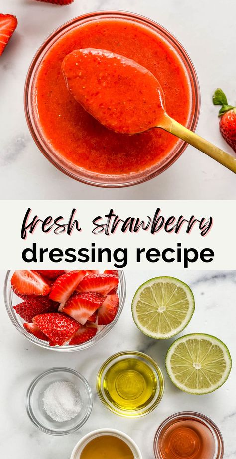 This wonderful, fresh strawberry dressing is a cinch to make and tastes great on salad greens! Strawberry Vinaigrette Dressing Recipe, Strawberry Vinegarette, Strawberry Vinaigrette Dressing, Strawberry Dressing, Strawberry Salad Dressing, Lime Salad Dressing, Best Sauce Recipe, Vinaigrette Dressing Recipe, Strawberry Vinaigrette