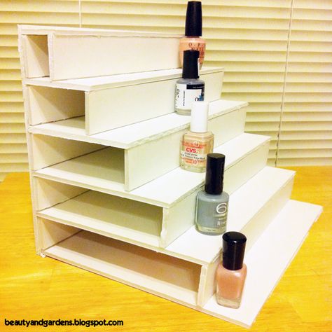 Just finished making mine and I love it. Storage For Nail Polish, Diy Makeup Organizer Cardboard, Diy Beauty Organizer, Nail Polish Stand, Diy Makeup Organizer, Nail Polish Shelf, Nail Polish Holder, Diy Makeup Storage, Nail Polish Rack