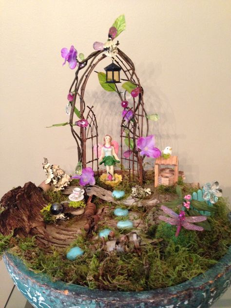 My fairy garden design. Fairy Garden In A Basket, Fairy Garden Basket, Fairy Houses Kids, Backyard Ideas For Small Yards, Fairy Garden Party, Fairy House Diy, Fairy Garden Designs, Garden Basket, Miniature Fairy Garden