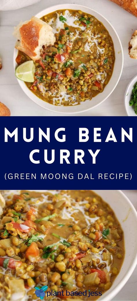 This mung bean curry makes for such an amazing plant-based comfort food dinner recipe. It includes mung beans (or green gram), coconut milk, spices and tomatoes. This recipe is wholesome and easy to make, plus completely dairy-free and gluten-free. Sprouted Mung Bean Recipes, Mong Beans Recipe, Moong Bean Recipe, Split Mung Bean Recipes, Vegan Mung Bean Recipes, Mung Beans Recipes, Mung Bean Sprouts Recipes, Mung Bean Recipes, Green Moong Dal Recipe