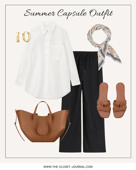 Ewelina Kanty | Year of outfits - LOOK 125 ___ Summer capsule outfit: white linen shirt, black wide linen pants, leather sandals, tote bag, and silky scarf… | Instagram White Pants And Black Top Outfits, Black Linen Pants Outfit, Trouser Pants Outfits, Wide Linen Pants, Linen Pants Black, Black Top Outfit, Linen Pants Outfit, Black Linen Pants, White Linen Shirt